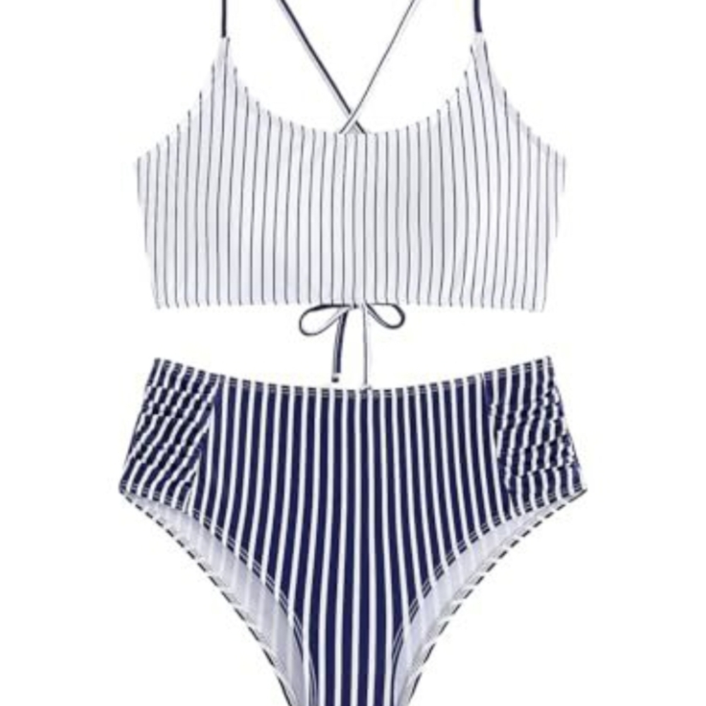 Retro High-Waisted Navy and White Bikini, New in Bag, Never Worn, Size XS - Picture 3 of 3